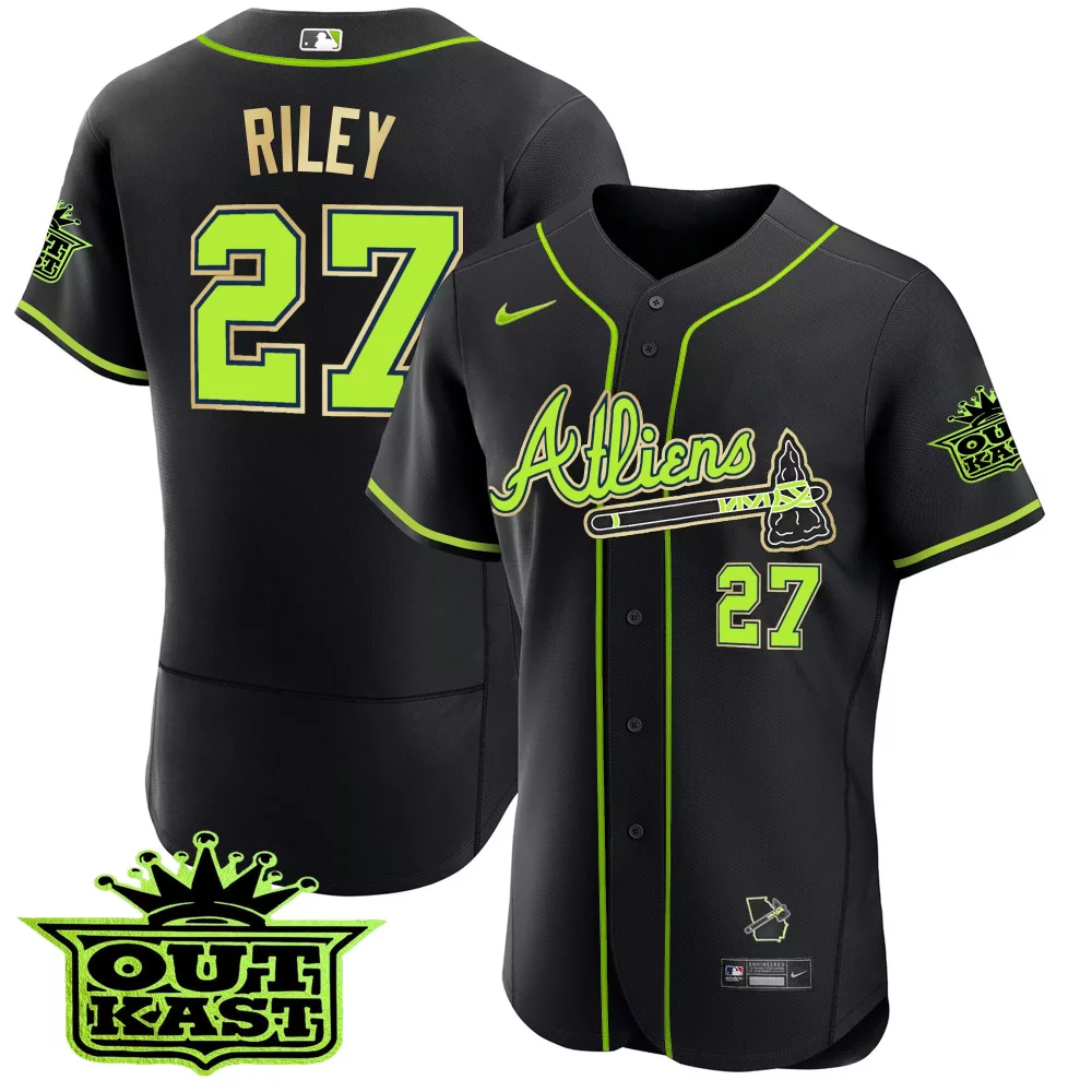 Custom Black big boi atlanta braves atliens flex base gold trim jersey all stitched