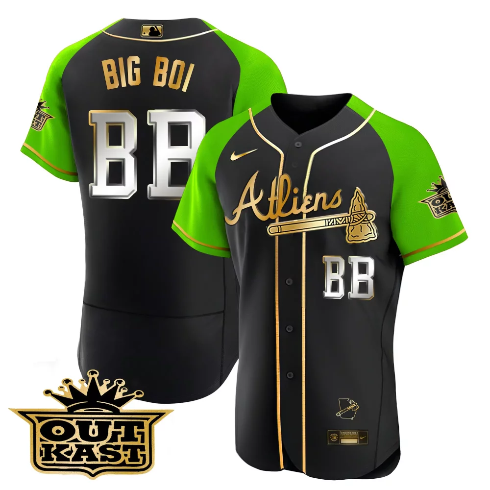 Personalized Black bright green big boi atlanta braves atliens gold alternate flex base jersey all stitched