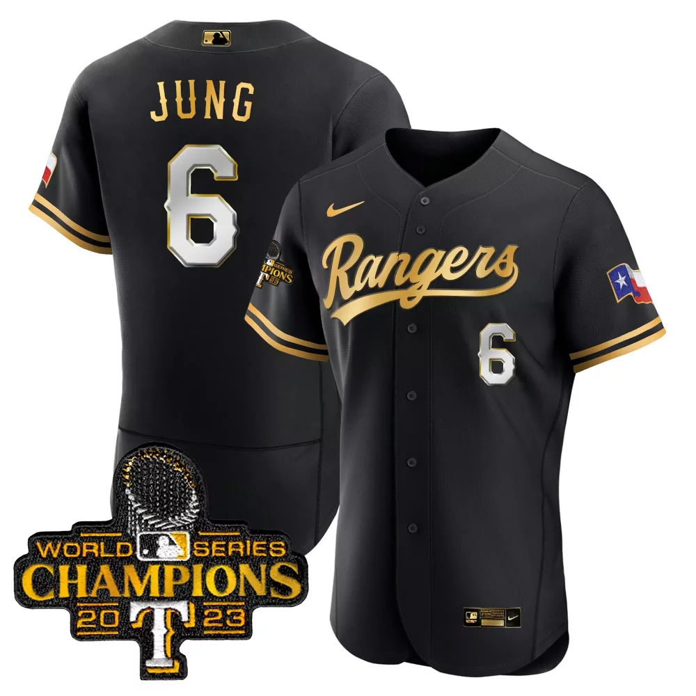 Personalized Black gold adolis garcia texas rangers 2023 world series champions flex base jersey v3 all stitched