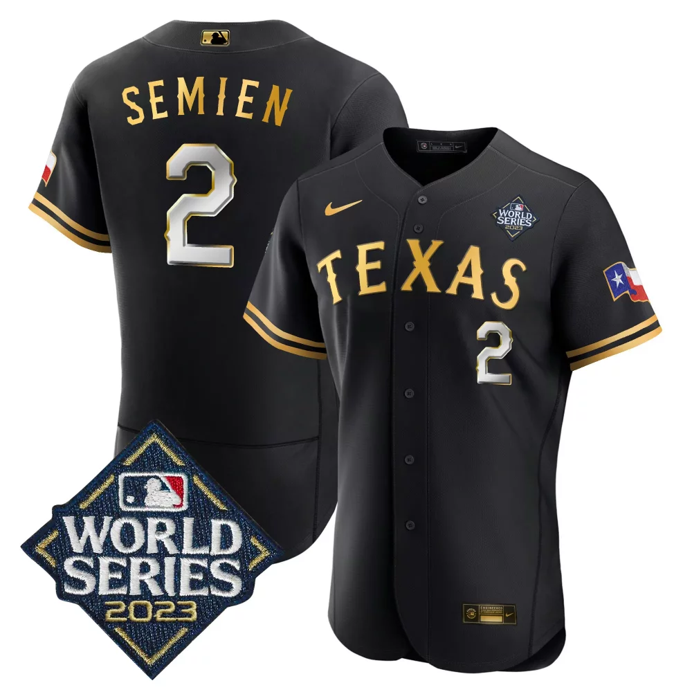 Customizable Black gold marcus semien texas rangers 2023 world series flex base jersey v2 all stitched