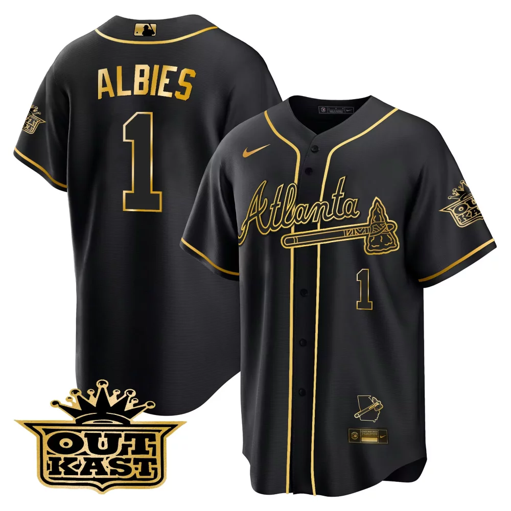 Personalized Black gold ozzie albies atlanta braves outkast cool base gold jersey v3 all stitched