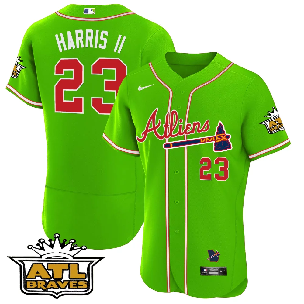 Customizable Bright green andr atlanta braves atliens atl patch flex base jersey all stitched