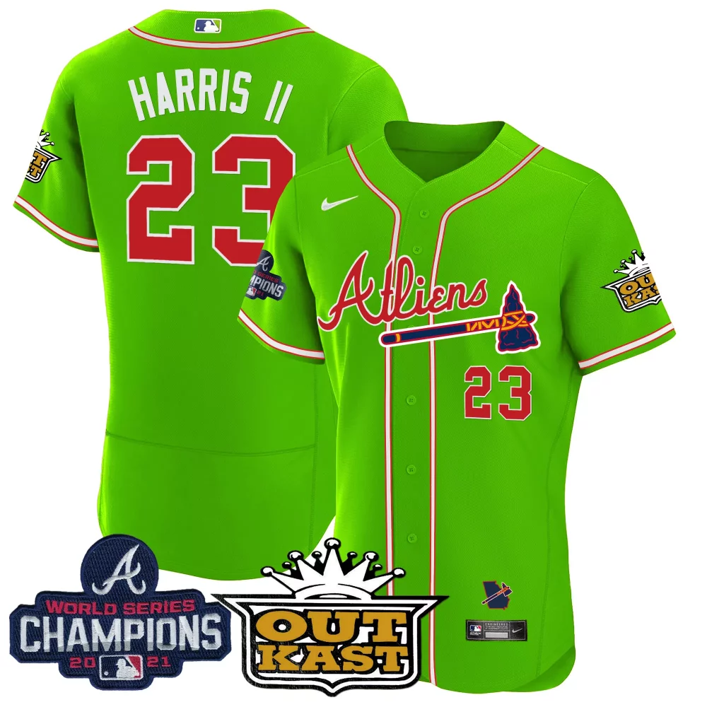 Personalized Bright green outkast atlanta braves atliens champions flex base jersey all stitched