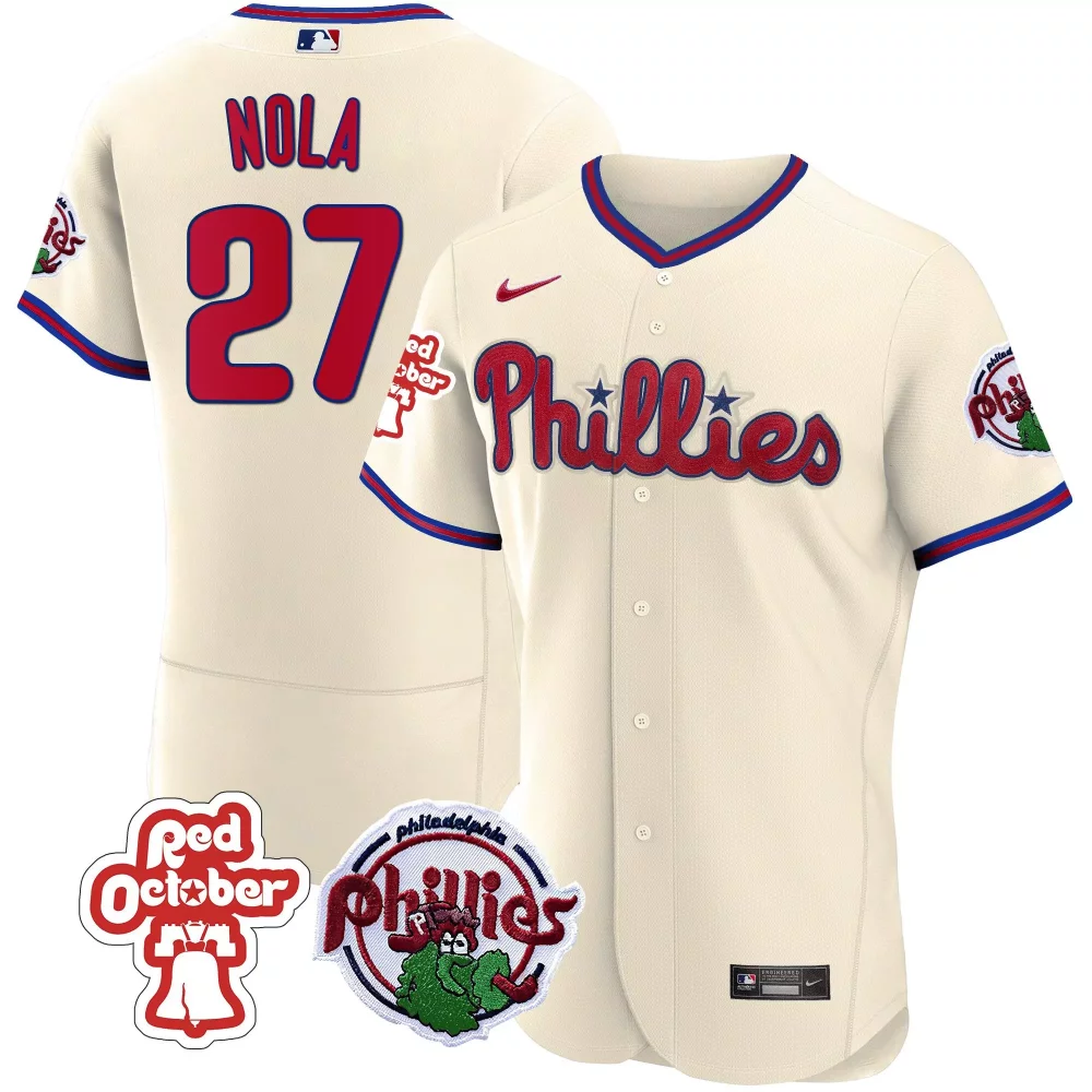 Customizable Cream aaron nola philadelphia phillies red october patch flex base jersey all stitched