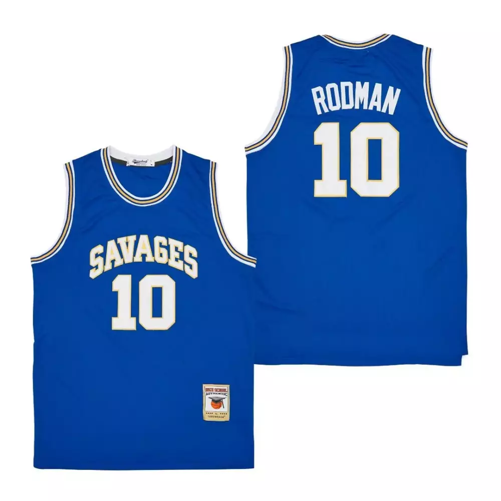 Customizable Oklahoma  High School Authentic Dennis Rodman 10 Savages College Throwback Basketball Gift For Rodman Jersey – Blue