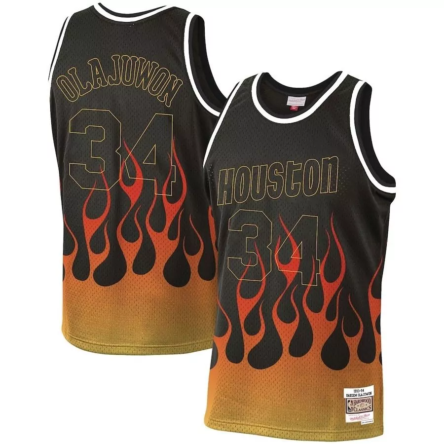 Customizable Hakeem olajuwon houston rockets throwback 34 black fire basketball jersey gift for houston fans