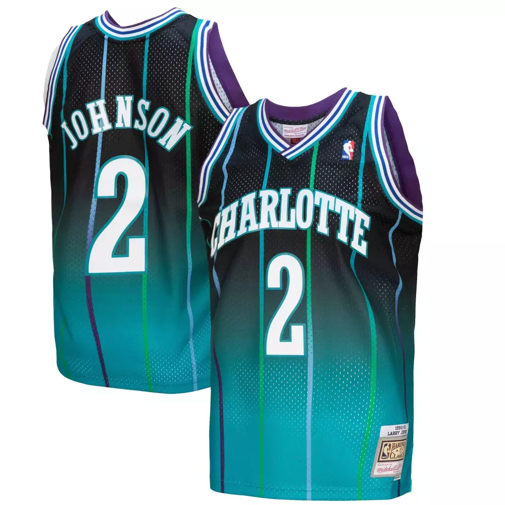 Customizable Larry johnson charlotte hornets mitchell amp ness 199293 hardwood classics fadeaway swingman player jersey tealblack
