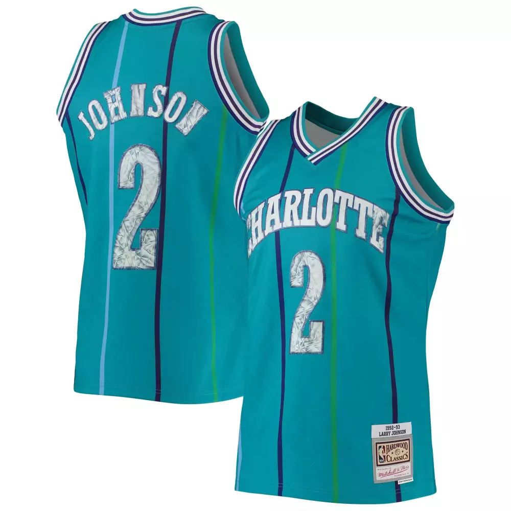 Personalized Larry johnson charlotte hornets mitchell amp ness 1996 97 hardwood classics nba 75th anniversary diamond swingman jersey teal