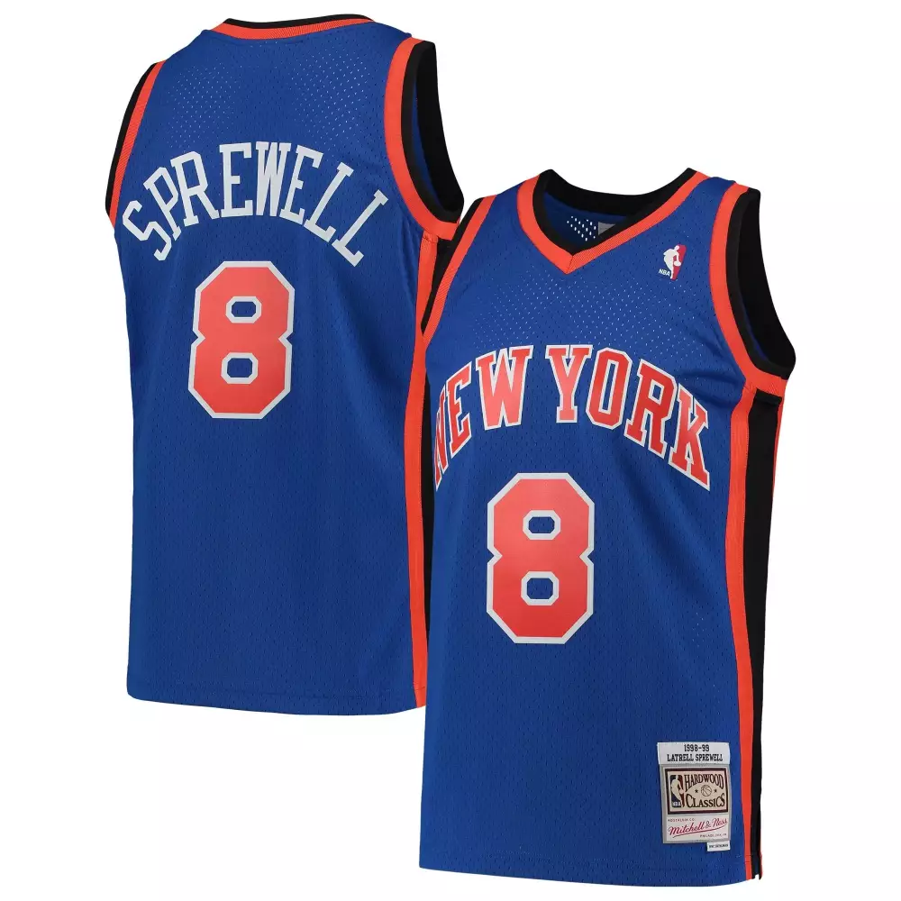 Customizable Latrell sprewell new york knicks hardwood classics 199899 blue jersey gift for new york knicks fans
