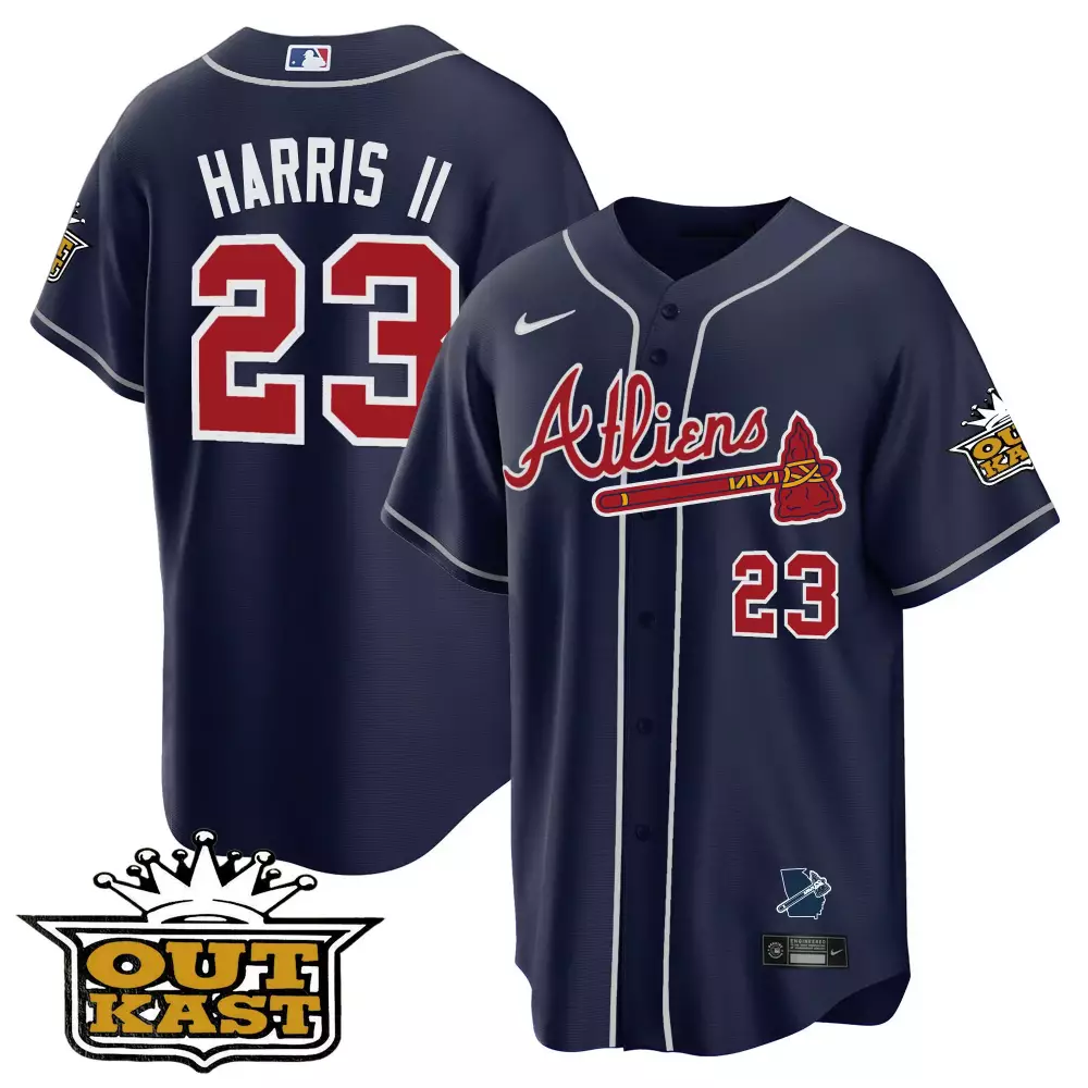 Custom Navy michael harris ii atlanta braves atliens cool base jersey v2 all stitched
