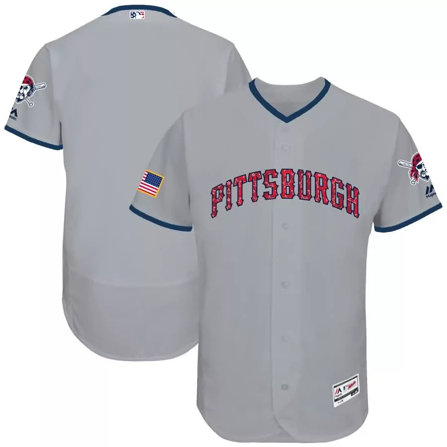 Customizable Pittsburgh pirates majestic 2018 stars stripes flex base team jersey gray