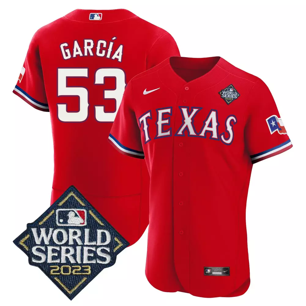Personalized Red adolis garcia texas rangers 2023 world series flex base jersey v2 all stitched