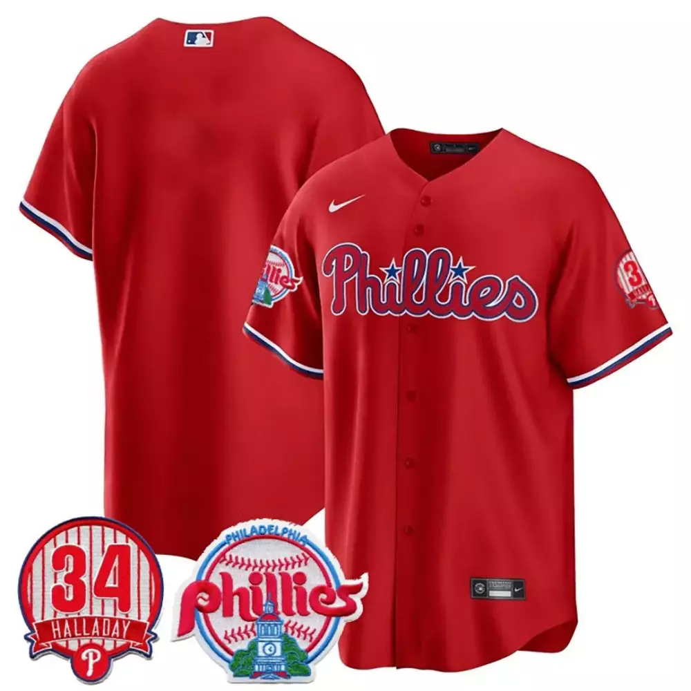 Customizable Red rhys hoskins mens philadelphia phillies roy halladay patch 34 cool base jersey all stitched