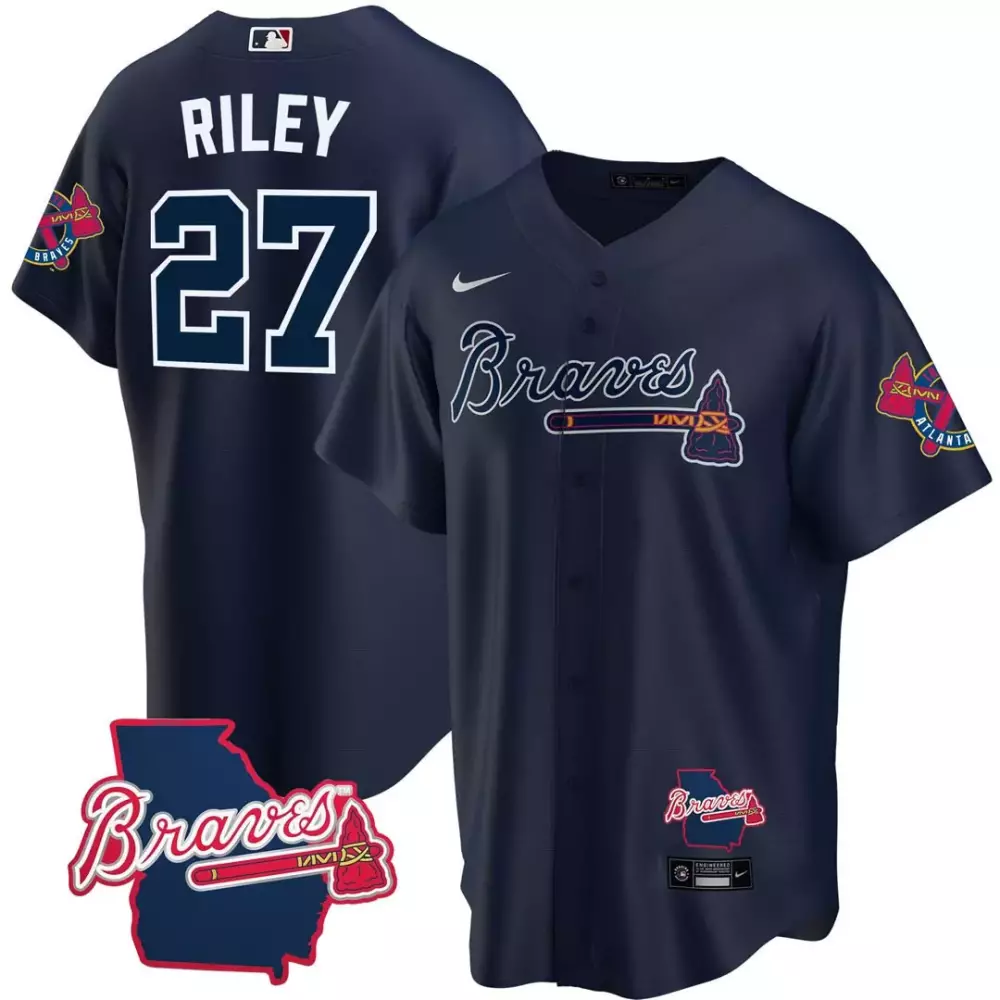 Customizable Ronald acuna jr cool base atlanta braves georgia state patch jersey navy all stitched