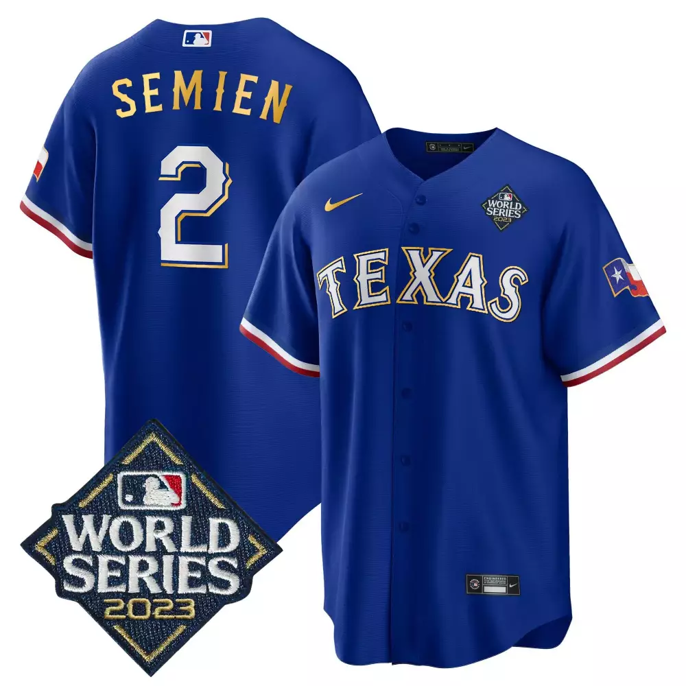 Customizable Royal marcus semien texas rangers 2023 world series cool base gold trim jersey v2 all stitched
