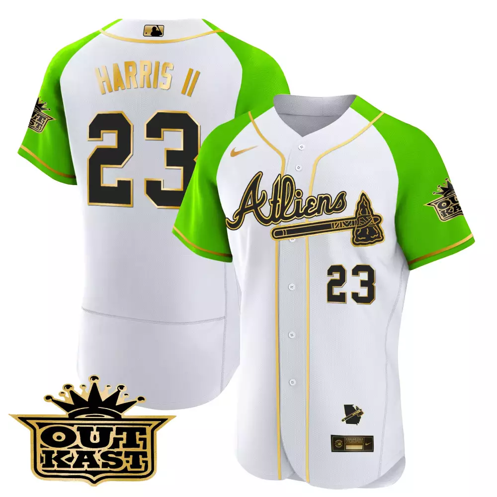Custom White bright green outkast atlanta braves atliens gold alternate flex base jersey all stitched
