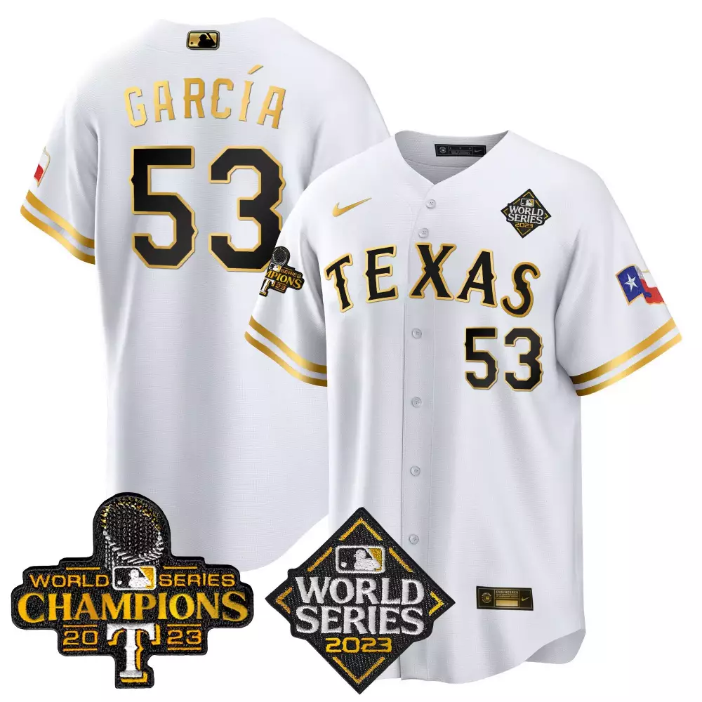 Custom White gold adolis garcia texas rangers 2023 world series champions cool base jersey v4 all stitched