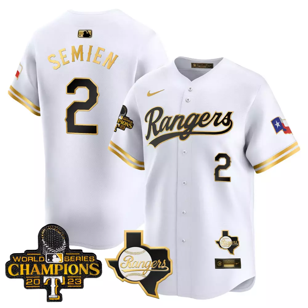Personalized White gold marcus semien texas rangers 2023 world series champions gold trim vapor premier limited jersey v2 all stitched