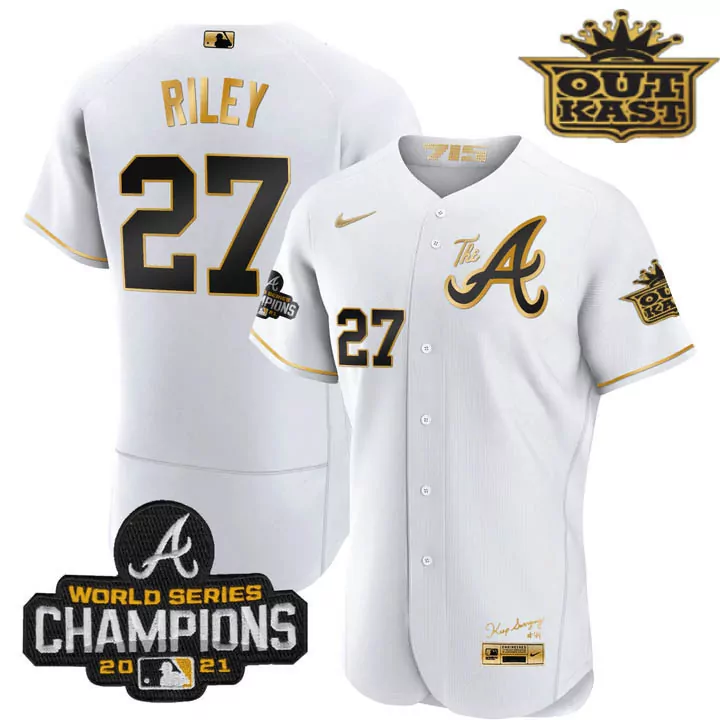 Personalized White gold outkast atlanta braves outkast gold the a flex base jersey all stitched