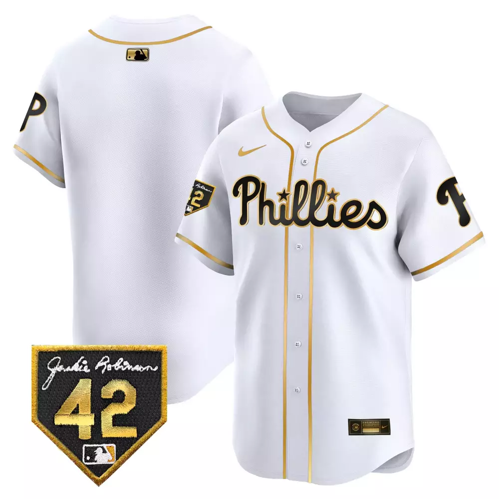 Custom White gold team phillies 2024 jackie robinson patch vapor premier limited jersey all stitched
