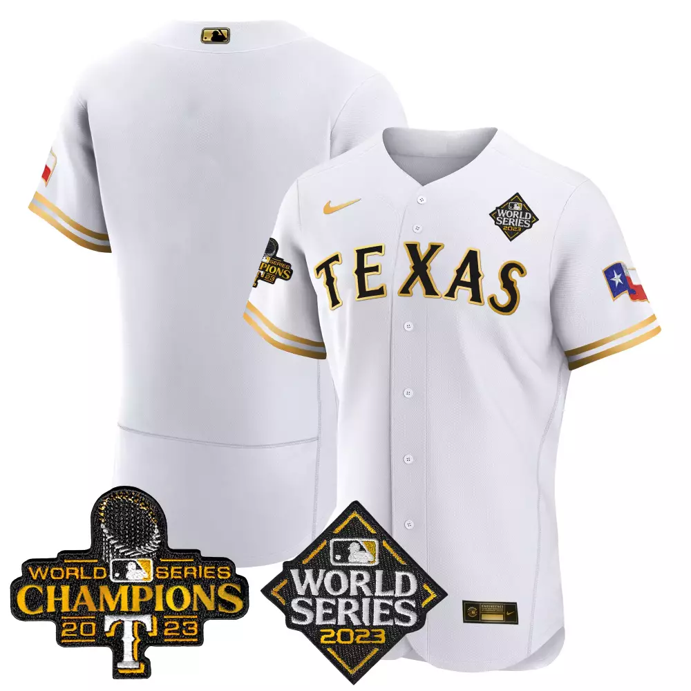 Custom White gold team texas rangers 2023 world series champions flex base jersey v4 all stitched