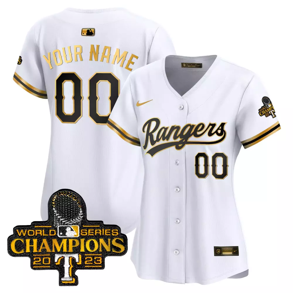 Customizable White gold texas rangers 2023 world series champions gold trim vapor premier elite custom jersey all stitched