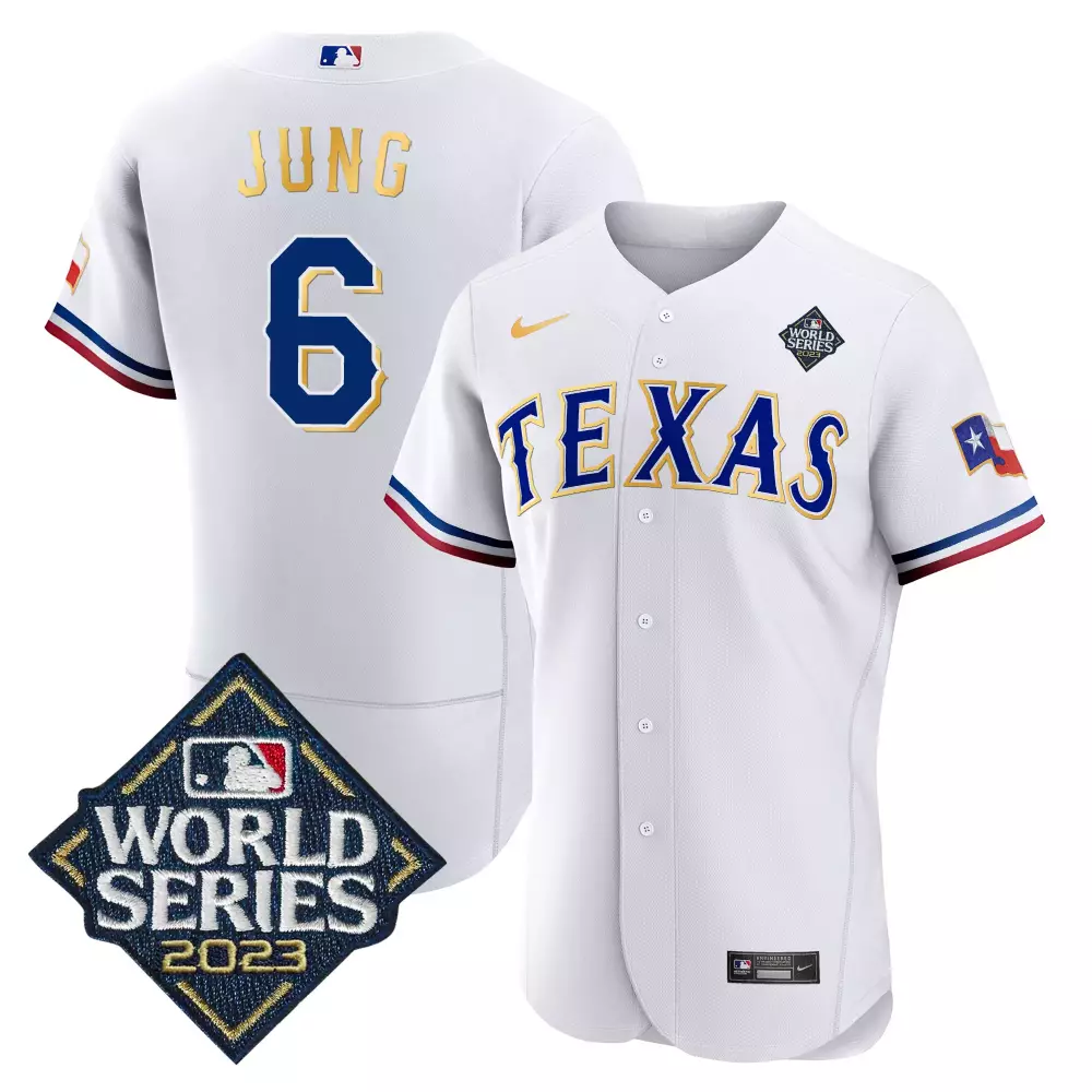 Personalized White marcus semien texas rangers 2023 world series flex base gold trim jersey v2 all stitched