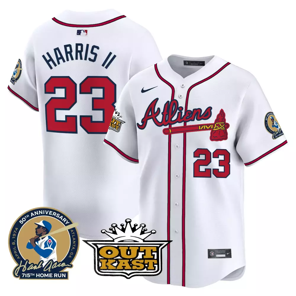 Personalized White michael harris ii atlanta braves atliens hank aaron patch vapor premier limited jersey all stitched