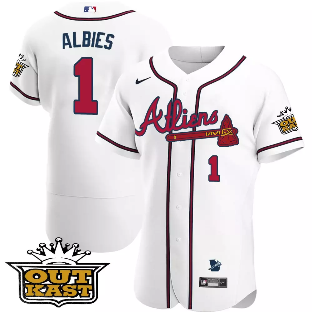 Customizable White ozzie albies atlanta braves atliens flex base jersey v2 all stitched