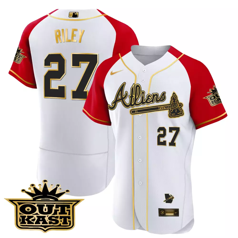Personalized White red big boi atlanta braves atliens gold alternate flex base jersey all stitched