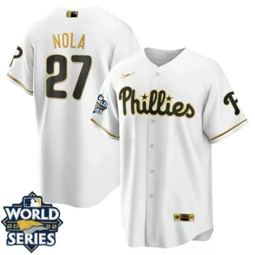 Customizable Aaron nola white gold philadelphia phillies 2022 world series jersey all stitched 7902