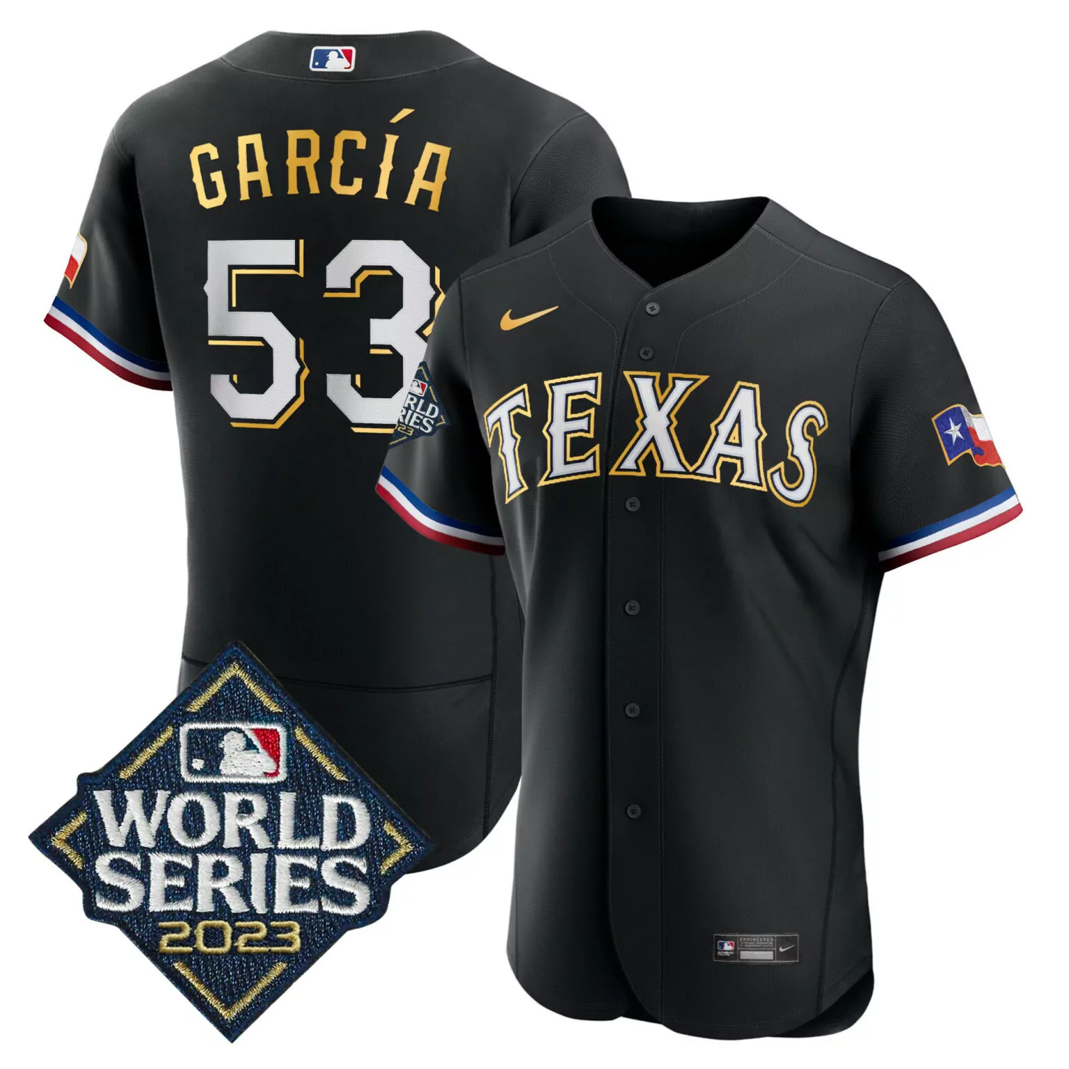Customizable Black adolis garcia texas rangers 2023 world series gold trim jersey all stitched 8568