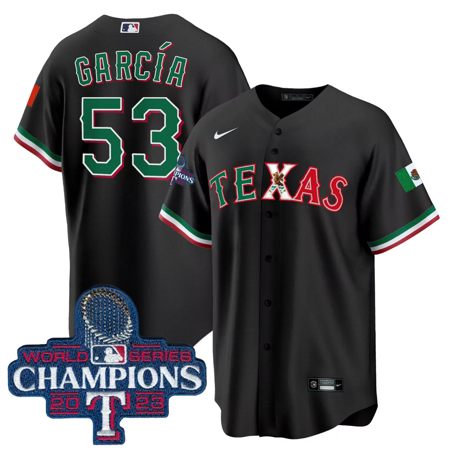 Personalized Black adolis garcia texas rangers mexico 2023 world series champions jersey all stitched 8789
