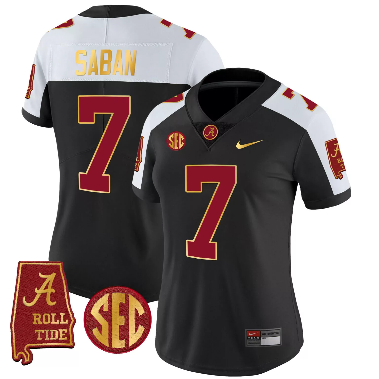 Personalized Black alternate nick saban alabama crimson tide 7 champions gold trim jersey all stitched 4708