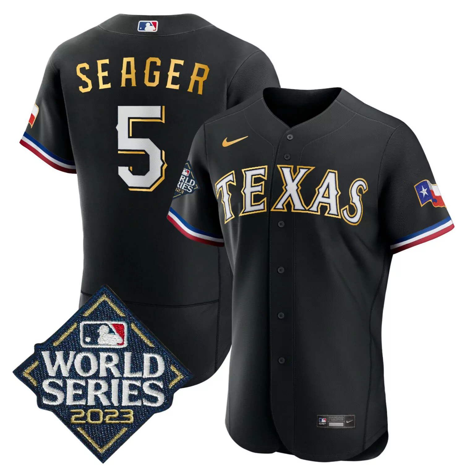 Customizable Black corey seager texas rangers 2023 world series gold trim jersey all stitched 1498