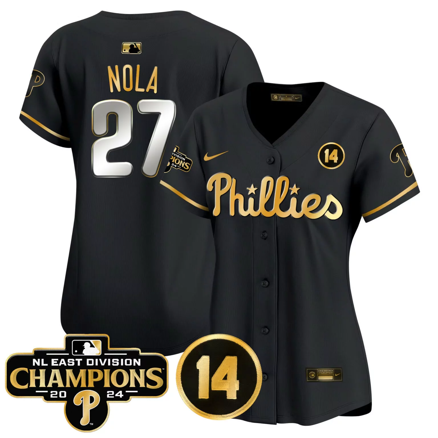 Personalized Black gold aaron nola philadelphia phillies 2024 nl east division champions pete rose patch gold jersey all stitched 9277
