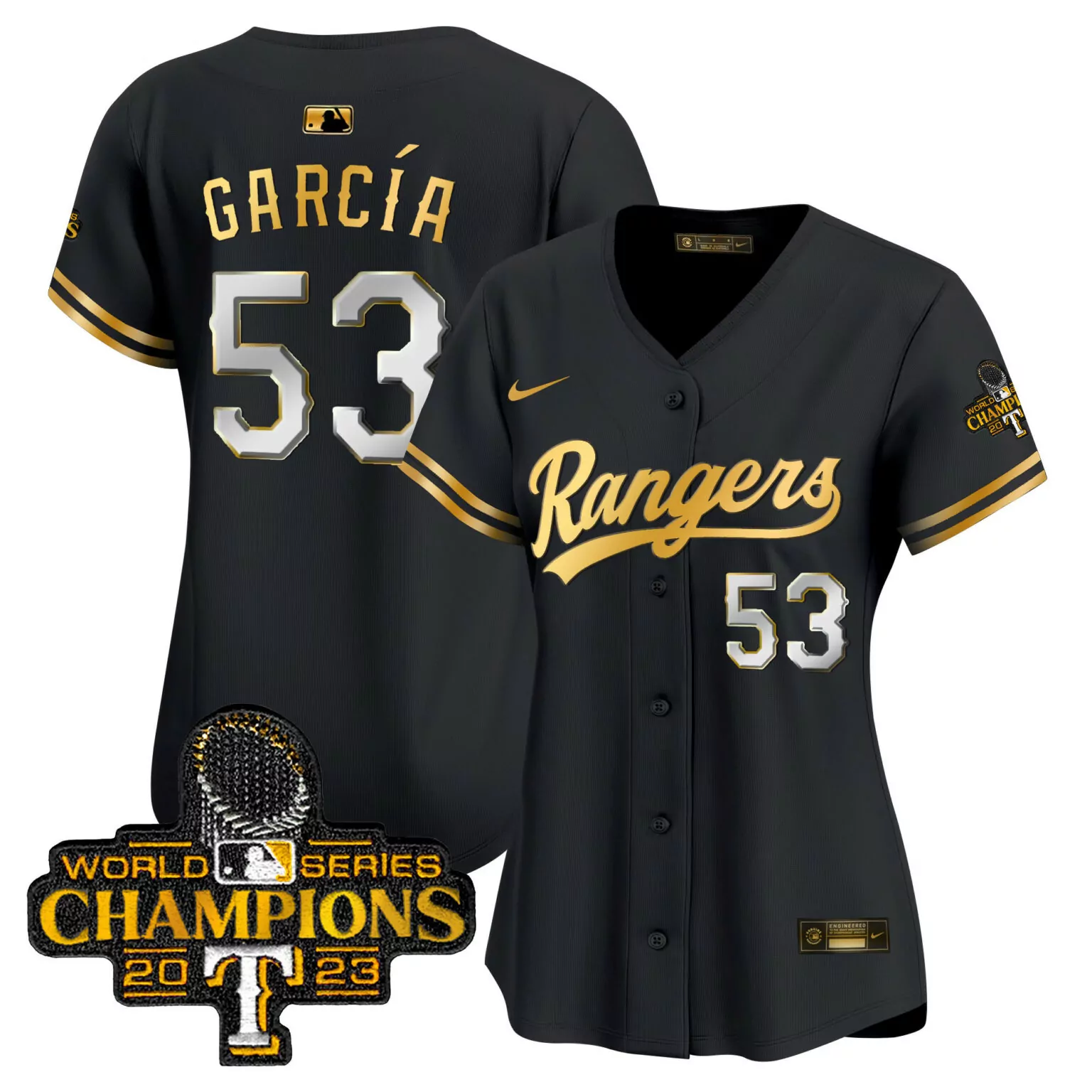 Personalized Black gold adolis garcia texas rangers 2023 world series champions gold trim jersey all stitched 6565