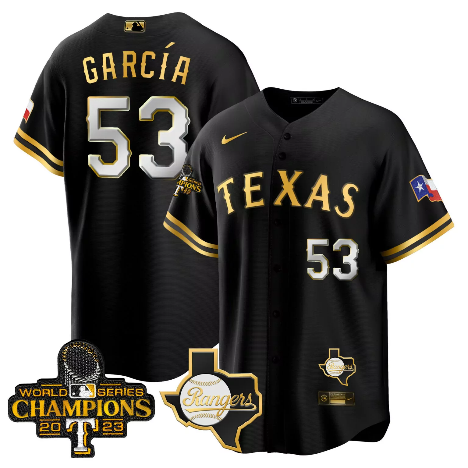 Personalized Black gold adolis garcia texas rangers 2023 world series champions jersey v2 all stitched 3273