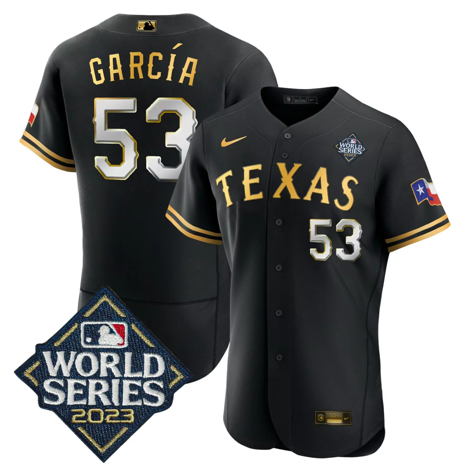 Customizable Black gold adolis garcia texas rangers 2023 world series jersey v2 all stitched 9553