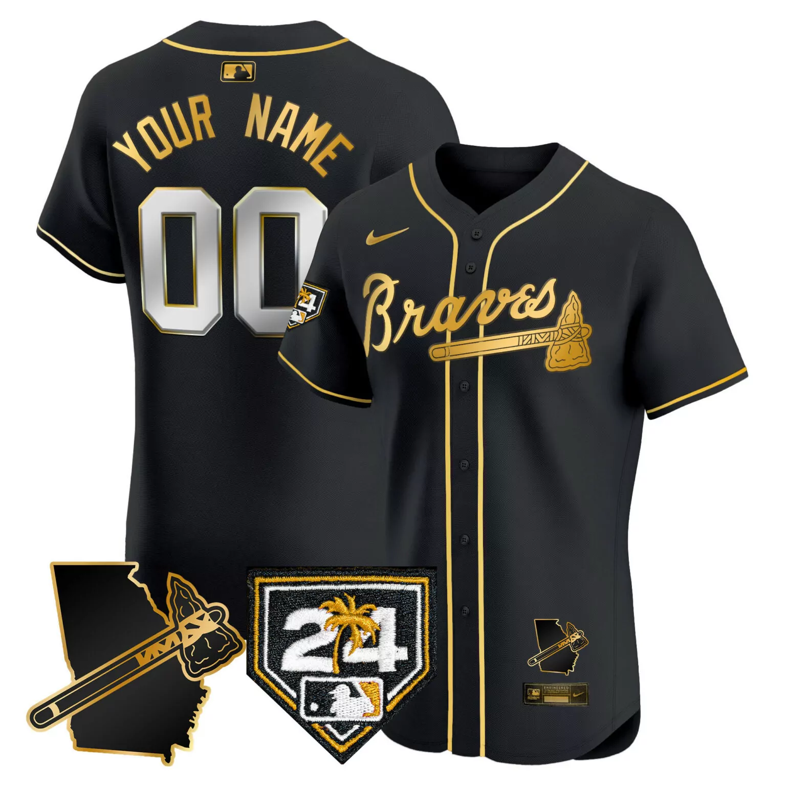 Custom Black gold atlanta braves 2024 spring training georgia patch vapor elite custom jersey all stitched 2763