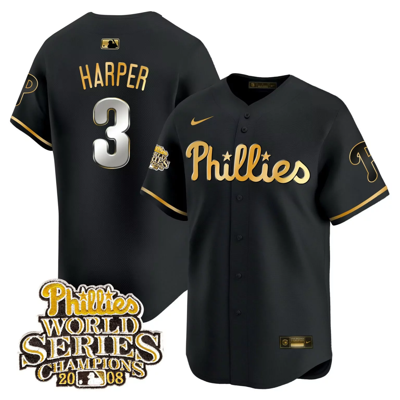 Personalized Black gold bryce harper philadelphia phillies 2008 world series champions patch jersey all stitched 2514