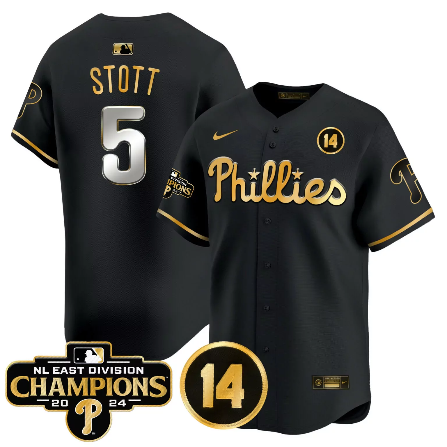 Personalized Black gold bryson stott philadelphia phillies 2024 nl east division champions pete rose patch jersey all stitched 3277