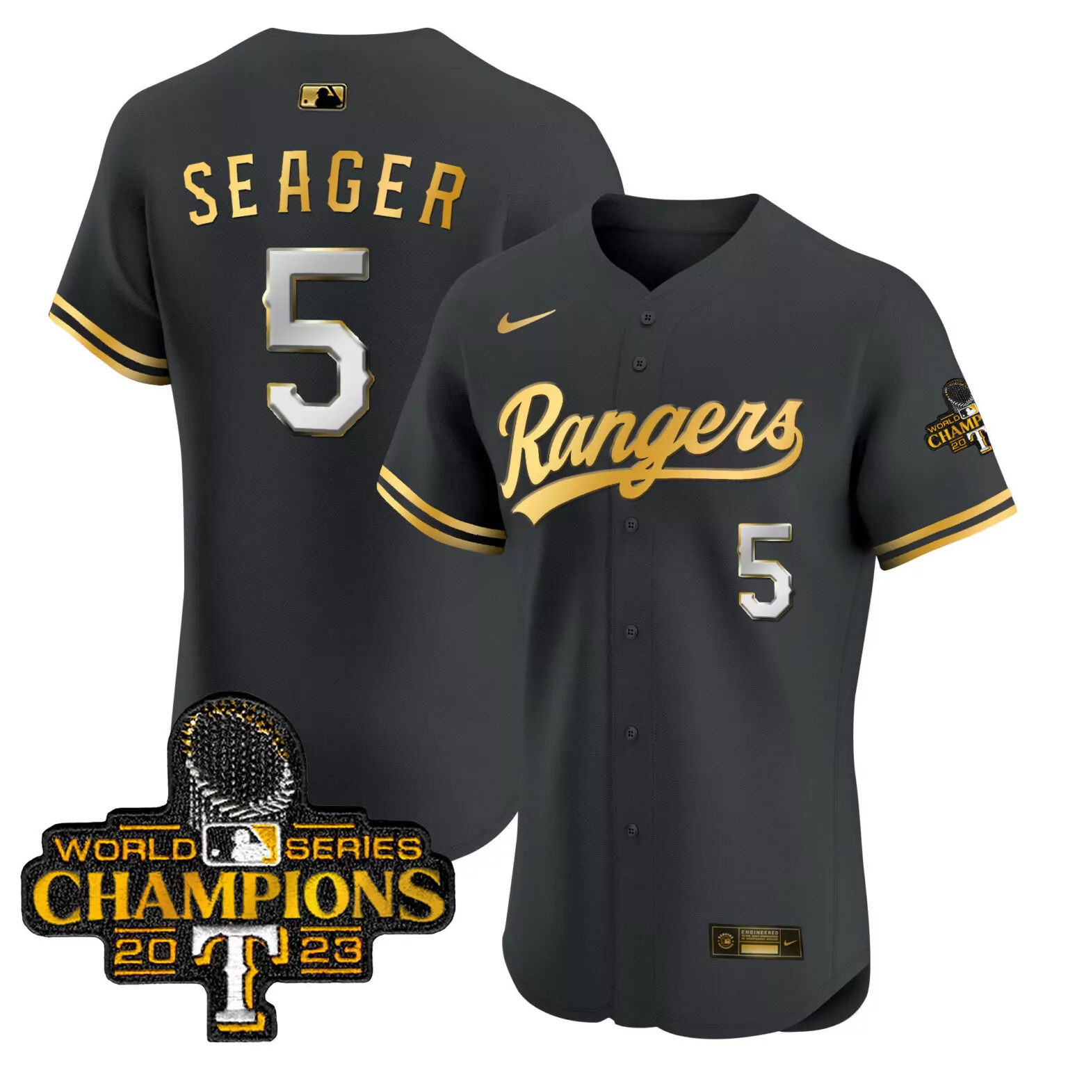 Personalized Black gold corey seager texas rangers 2023 world series champions gold trim jersey all stitched 6832
