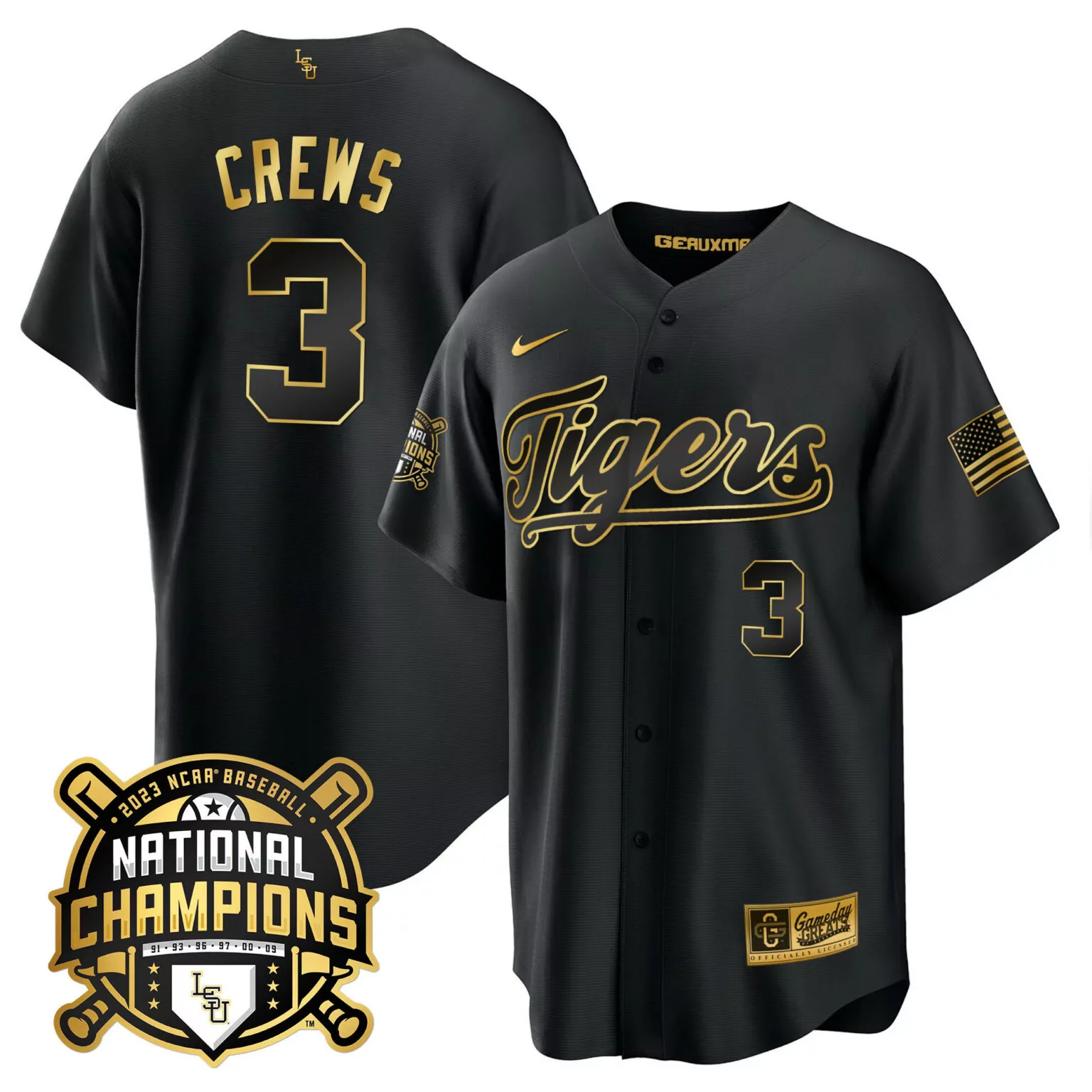 Customizable Black gold dylan crews lsu tigers 2023 national champions gold cool jersey v2 all stitched 6544