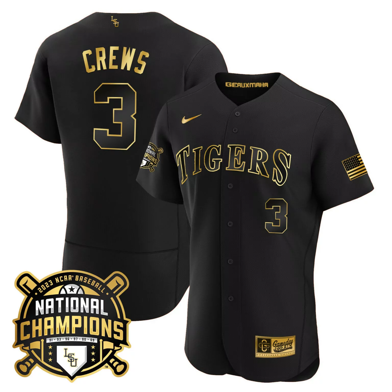 Personalized Black gold dylan crews lsu tigers 2023 national champions gold flex jersey all stitched 2410