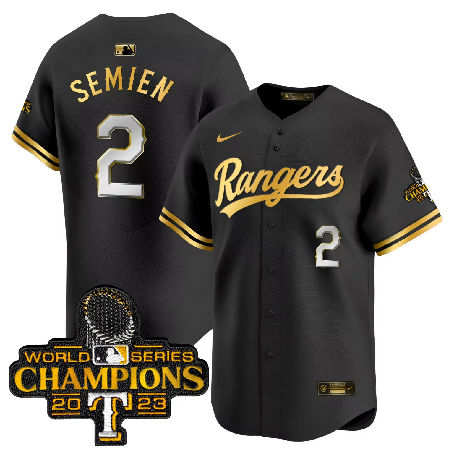 Customizable Black gold marcus semien texas rangers 2023 world series champions gold trim jersey all stitched 2842