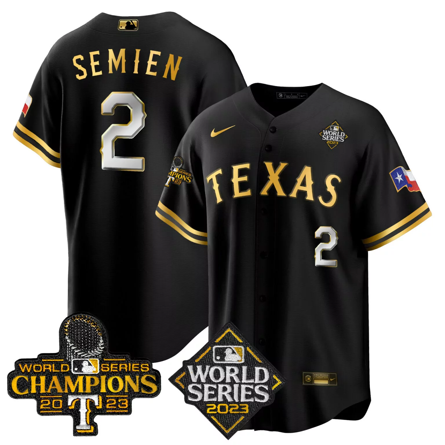 Customizable Black gold marcus semien texas rangers 2023 world series champions jersey v4 all stitched 7580