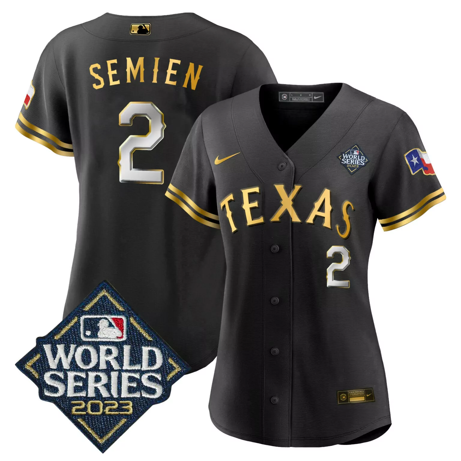 Custom Black gold marcus semien texas rangers 2023 world series jersey v2 all stitched 3846