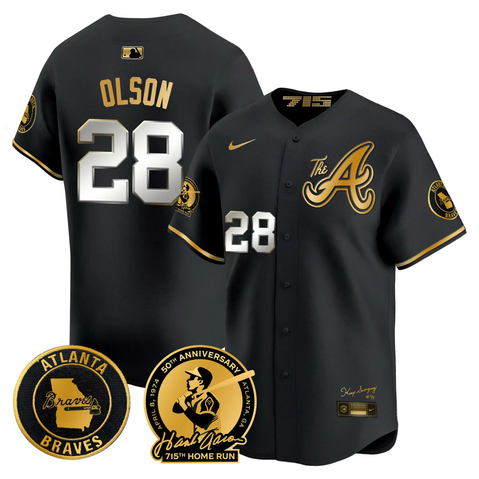 Custom Black gold matt olson atlanta braves hank aaron 715th home run patch jersey v2 all stitched 5756