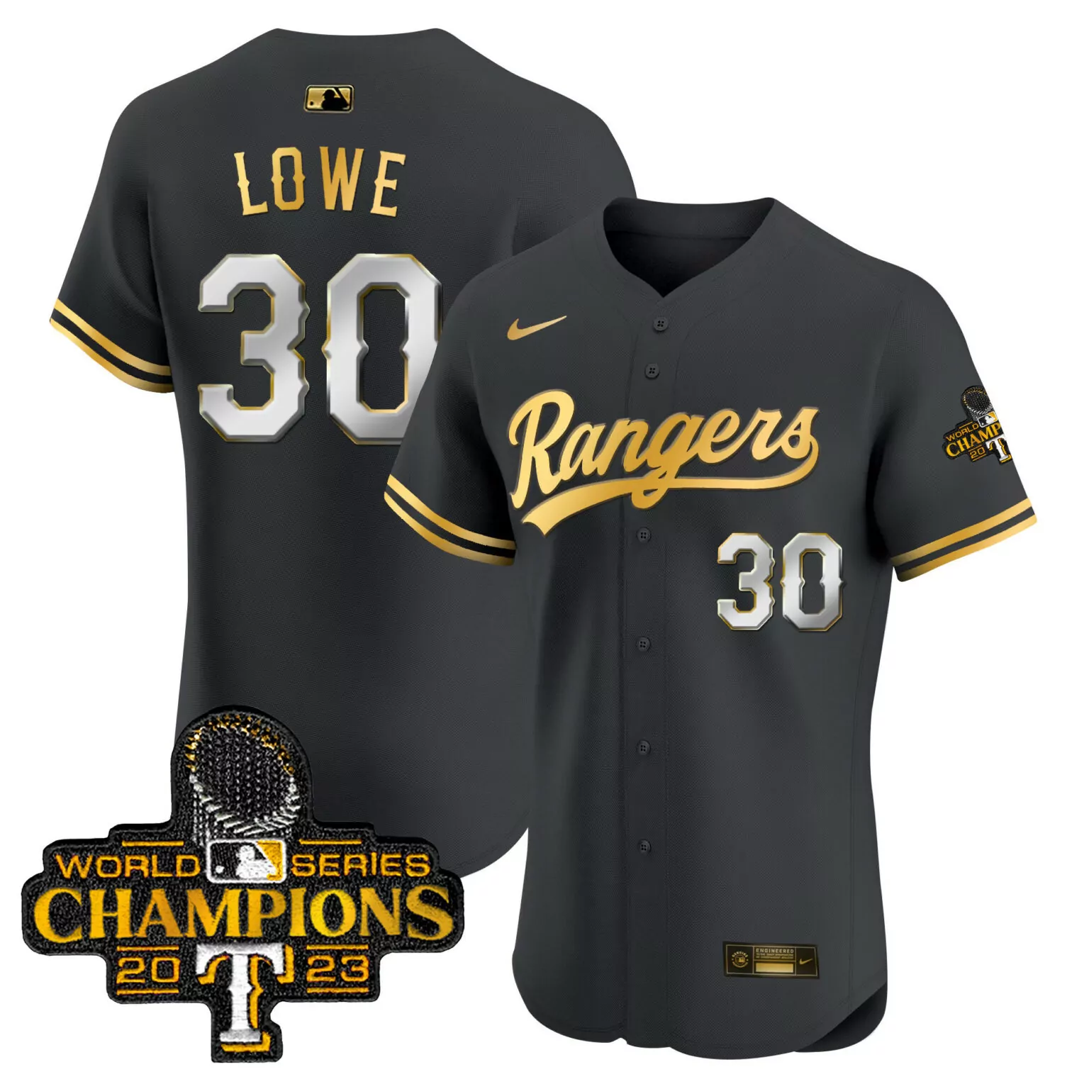 Custom Black gold nathaniel lowe texas rangers 2023 world series champions gold trim jersey all stitched 7754